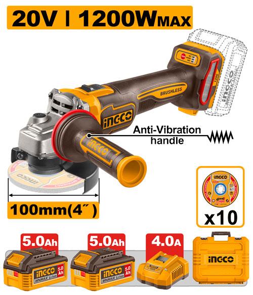 Ingco 20V 1200W 100mm Cordless Angle Grinder | CAGLI2120232 Ingco